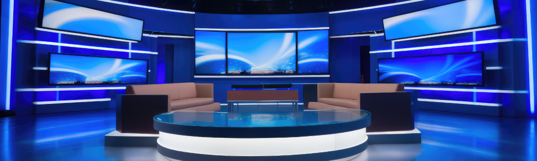 Image shows an empty set for televised news broadcasts